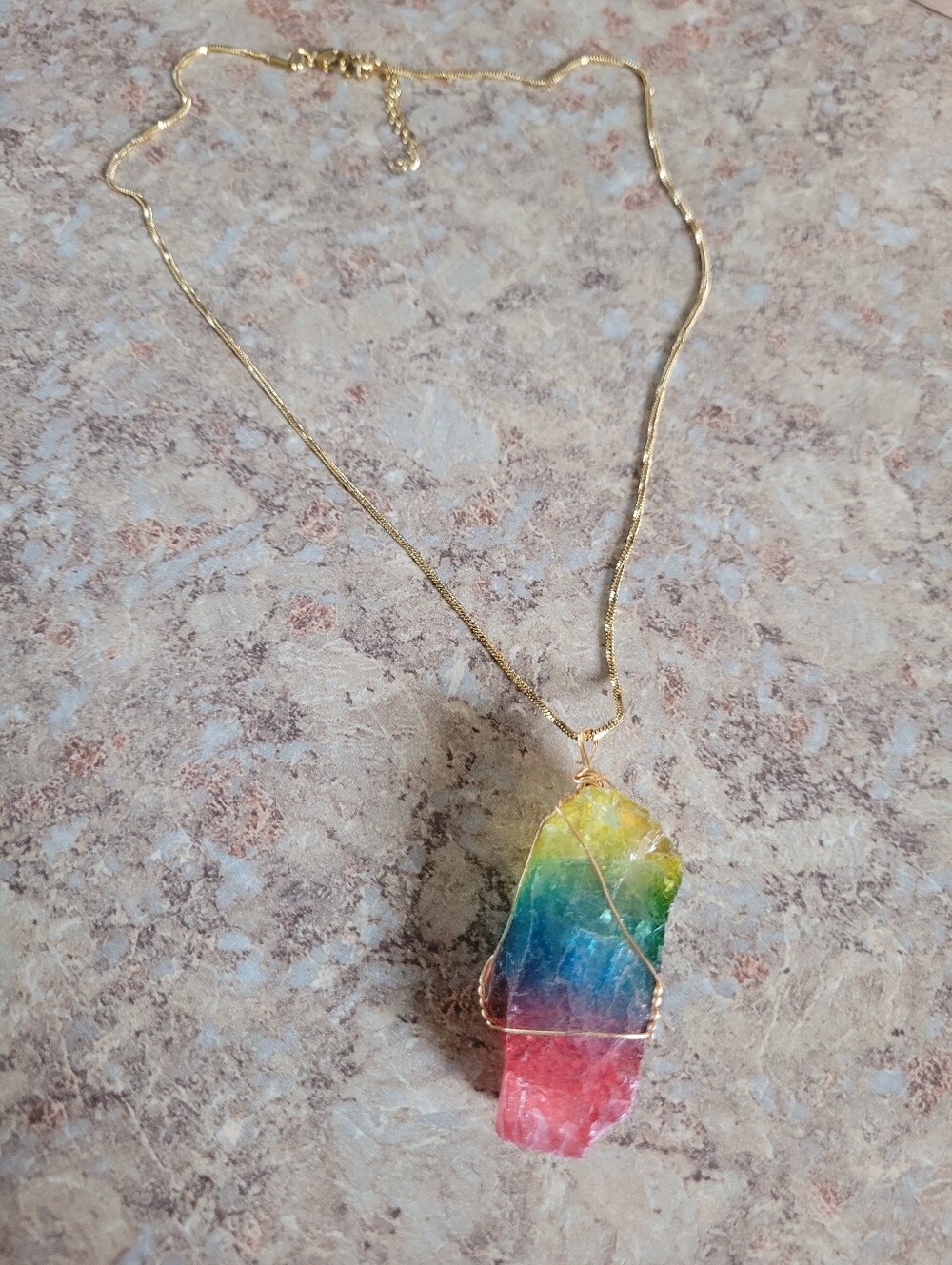 Golden Wire-Wrapped Rainbow Crystal Pendant Necklace